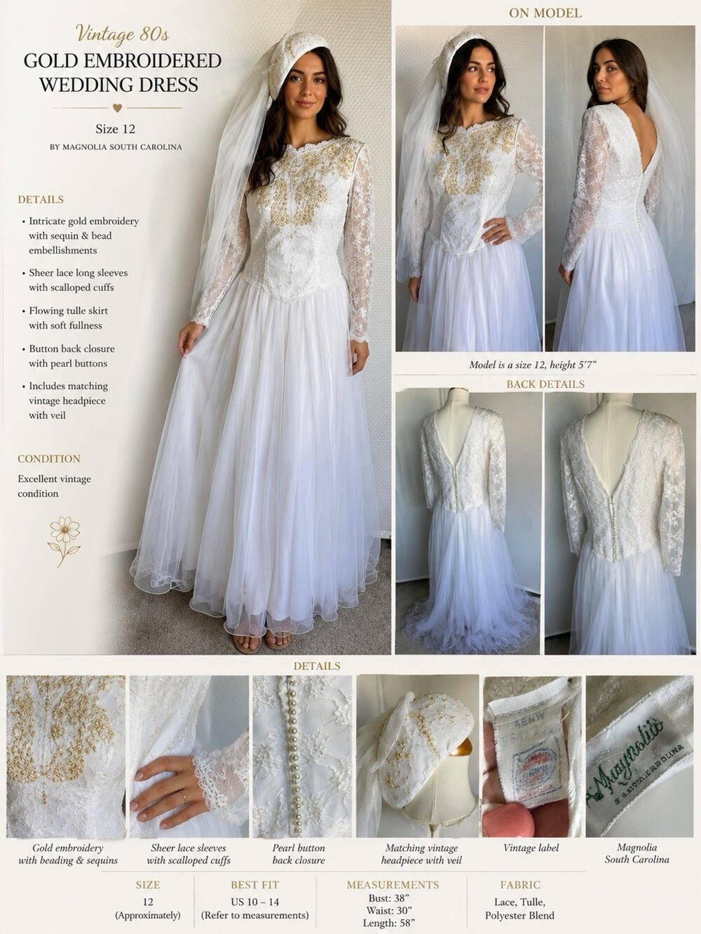 Vtg Union Made Long Sleeve Drop Waist Lace Pearl Wedding Dress Train Hat Veil 12